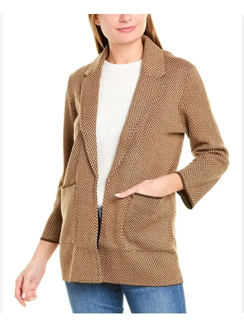 J.Crew Sophie Brown Herringbone Cotton Merino Wool Sweater Cardigan Blazer